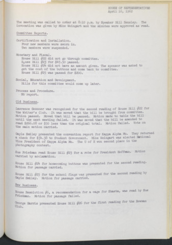 Hardbound Senate Journal, House of Representatives, Minutes, April 16, 1962