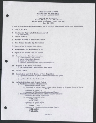 Thirty-third Senate, University of Houston, Students' Association, Order of Business, Seventh Meeting, June 26, 1996
