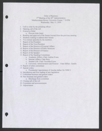 Order of Business [Agenda], 5th Meeting of the 46th Administration, May 13, 2009