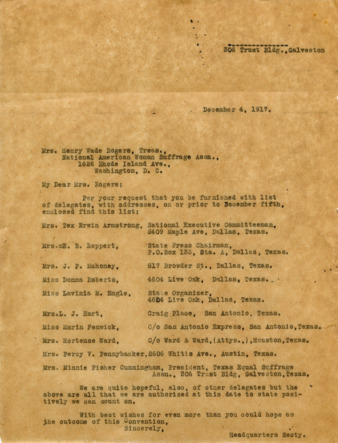 Letter from Headquarters Secretary to Mrs. Henry Wade Rodgers