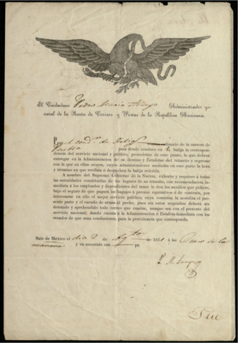 Administrative order issued by Pedro Maria de Anaya, Administrator of Post Office Department in Mexico, August 2, 1851