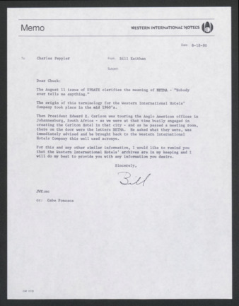 Memorandum from Bill Keithan to Charles Peppler, 1980 August 18