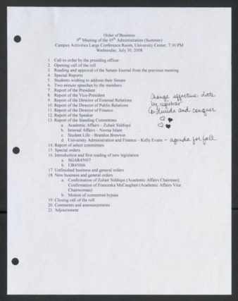Order of Business [Agenda], 9th Senate Meeting of the 45th Administration, July 30, 2008