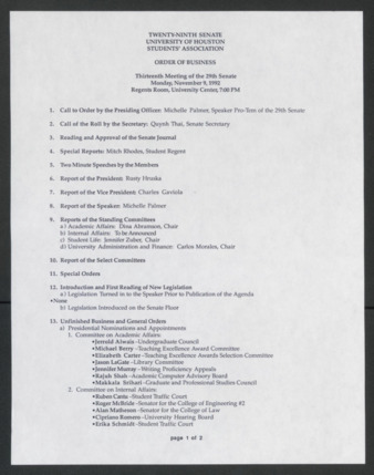 Twenty-ninth Senate, University of Houston, Students' Association, Order of Business, Thirteenth Meeting, November 9, 1992