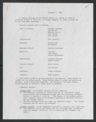 First Senate, Students' Senate Association, University of Houston, Meeting Minutes, January 11, 1965