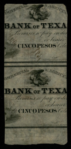 Sheet with two partial $5 monetary bills, with $2 monetary bill for the state of Louisiana on verso