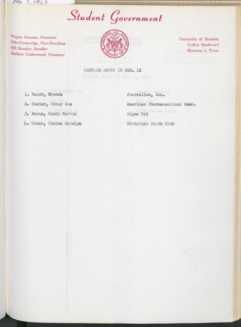Hardbound Senate Journal, Student Government Representatives Sworn in December 12, 1962