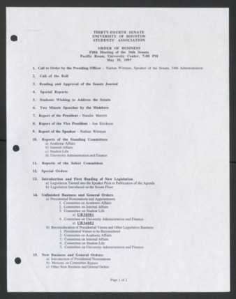 Thirty-fourth Senate, University of Houston, Students' Association, Order of Business [Agenda], Fifth Meeting, May 28, 1997