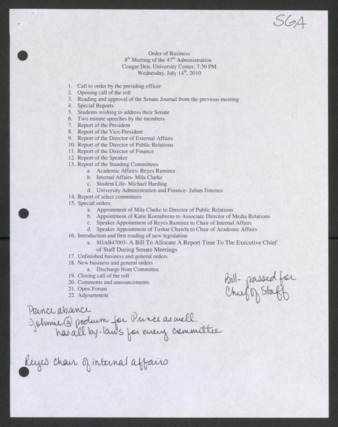 Order of Business [Agenda], 8th Meeting of the 47th Administration, July 14, 2010