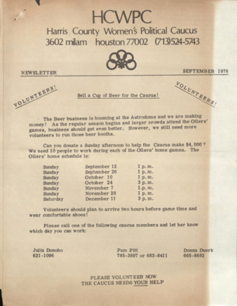 Harris County Women's Political Caucus, September 1976