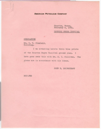 Memorandum from John H. Bringhurst to W. T. Sinclair, 1931 February 9