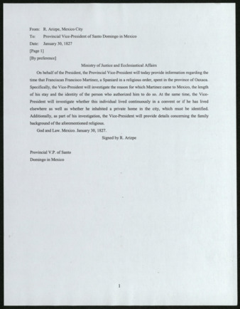 Translation of Letter from Ramon Arizpe, Ministry of Justice and Ecclesiastical Affairs, to Provincial Vice President of Santo Domingo in Mexico, 1827 January 30