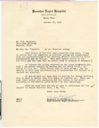 Letter from Margaret H. Bright to W. T. Sinclair, 1932 October 23