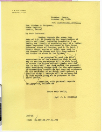 Letter from J. S. Cullinan to Governor Miriam A. Ferguson, 1933 October 25