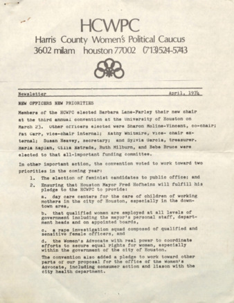 Harris County Women's Political Caucus, April 1974