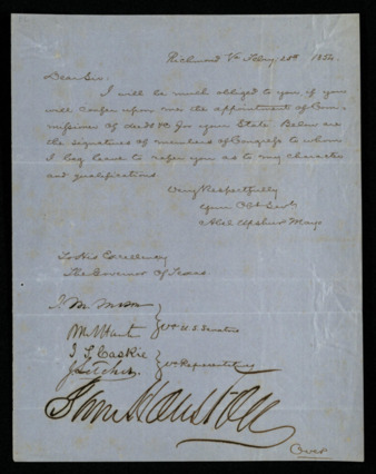 Endorsement signature of Sam Houston on reference letter for Abel Upshur Mayo