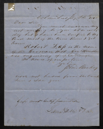 Letter from John Mackey to Samuel Joseph Redgate regarding the German, Robert Eap.
