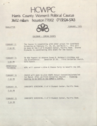 Harris County Women's Political Caucus, February 1976