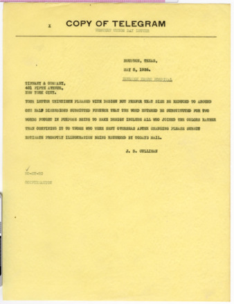 Telegram from J. S. Cullinan to Tiffany & Company, 1926 May 5