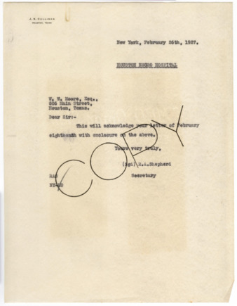 Letter from R. A. Shepherd to W. W. Moore, 1927 February 26