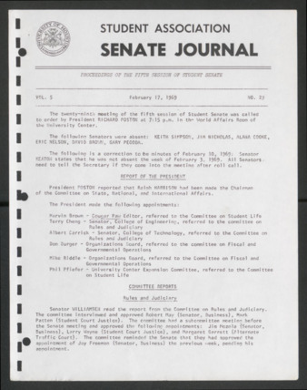 Senate Journal, Fifth Senate, University of Houston Student Government Association, Minutes, Vol. 5, No. 29, February 17, 1969