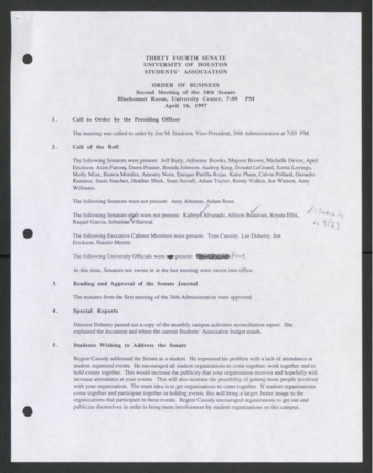 Thirty-fourth Senate, University of Houston, Students' Association, Order of Business [Minutes], Second Meeting, April 16, 1997