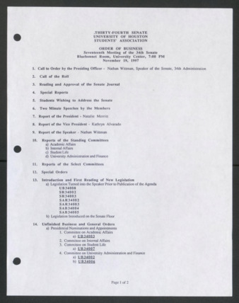 Thirty-fourth Senate, University of Houston, Students' Association, Order of Business [Agenda], Seventeenth Meeting, November 19, 1997