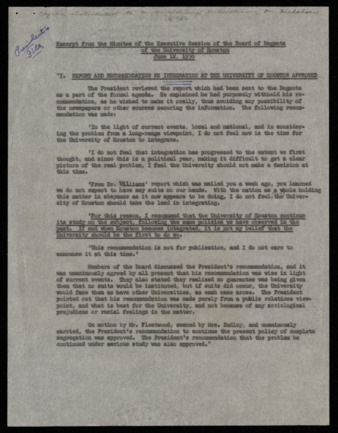 Memorandum from A. D. Bruce to Clanton W. Williams, concerning a study by the faculty committee on integration (includes an excerpt from the minutes of the executive session of the Board of Regents)