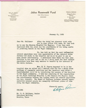 Letter from C. Rufus Rorem to J. S. Cullinan, 1935 January 21