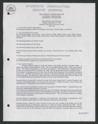 Senate Journal, Vol. 1, Twenty-sixth Senate Students' Association, University of Houston, Third Meeting, Fall Senate, September 25, 1989
