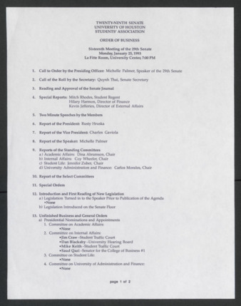 Twenty-ninth Senate, University of Houston, Students' Association, Order of Business, Sixteenth Meeting, January 15, 1993
