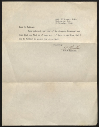 Letter from T. C. Chandler to Mr. [W. L.] Fulton, Washington, D.C., 1942 November 21