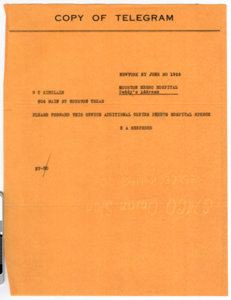 Telegram from R. A. Shepherd to W. T. Sinclair