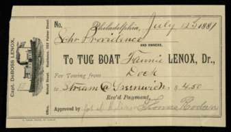 Shipping receipts for the Schooner Providence to Tug Boat Fannie Lenox