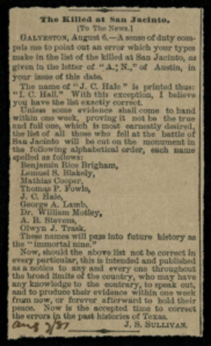 Fragment of an article about the Battle of San Jacinto, including a list casualties