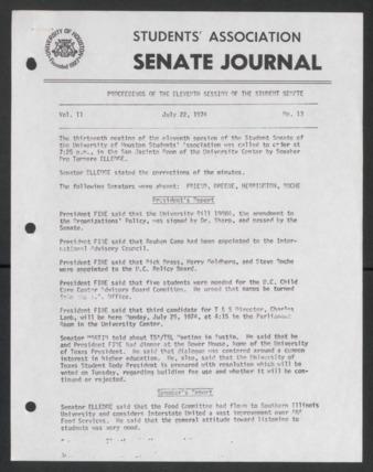 Senate Journal, Eleventh Senate, University of Houston Student Government Association, Minutes, Vol. 11, No. 13, July 22, 1974