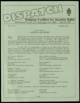 Dispatch Religious Coalition for Abortion Rights, Fall 1977