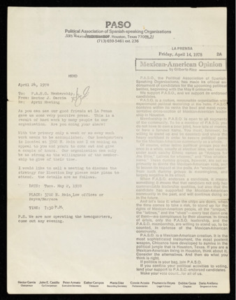 PASO, Political Association of Spanish-speaking Organizations, memo
