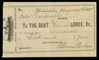 Shipping receipts for the Schooner Providence to Tug Boat Fannie Lenox