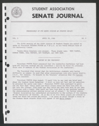 Senate Journal, Fifth Senate, University of Houston Student Government Association, Minutes, Vol. 5, No. 5, April 29, 1968