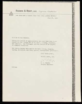 Letter of Reference, W. L. Keefer regarding Mary F. Lopez
