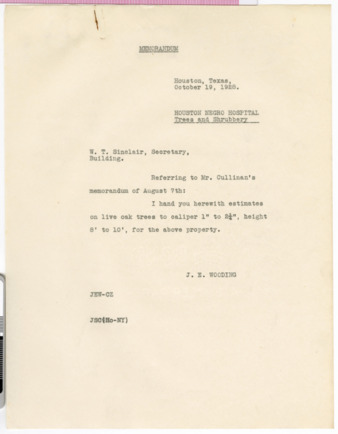 Memorandum from J. E. Wooding to W. T. Sinclair, 1928 October 19