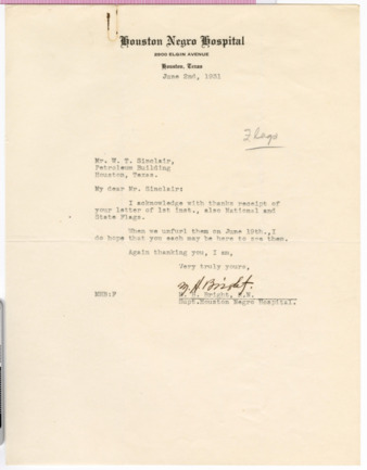 Letter from M. H. Bright to W. T. Sinclair, 1931 June 2