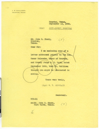 Letter from W. T. Sinclair to John H. Shary, 1933 September 14