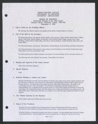 Thirty-second Senate, University of Houston, Students' Association, Order of Business [Minutes], Fourteenth Meeting, September 6, 1995
