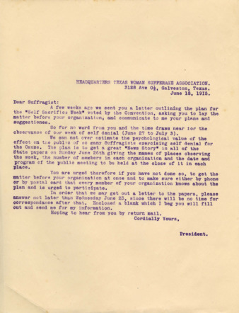 Letter from the Minnie Fisher Cunningham to Suffragists, 1915 June 18