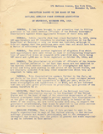 Resolution passed by the Board of The National American Woman Suffrage Association on Wednesday, November 8th, 1916