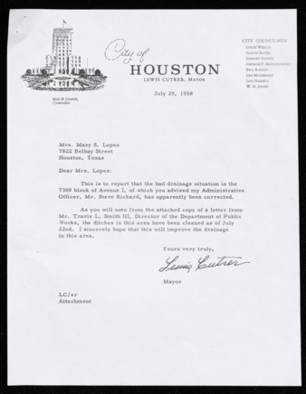 Letter from Lewis Cutrer to Mary S. Lopez, July 29, 1958