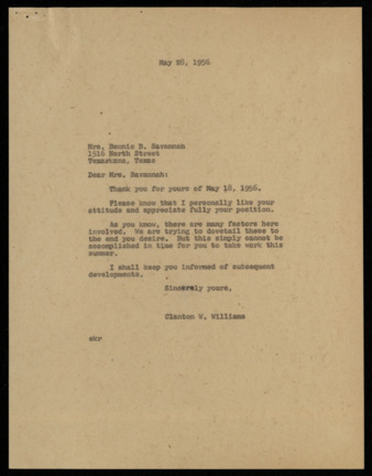 Correspondence between Bennie B. Savannah and Clanton W. Williams, regarding courses in special education and speech and hearing therapy