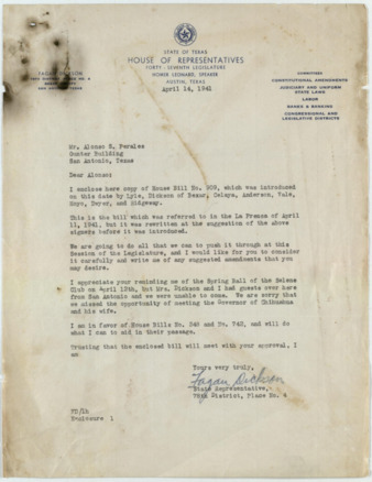Letter from Fagan Dickson to Alonso S. Perales, 1941 April 14